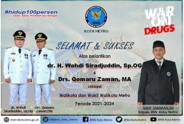 Ucapan Selamat BNN Kota Metro atas Pelantikan Walikota dan Wakil Walikota Metro Periode 2021-2024