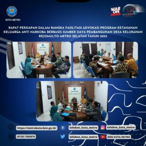 RAPAT PERSIAPAN DALAM RANGKA FASILITASI ADVOKASI PROGRAM KETAHANAN KELUARGA ANTI NARKOBA BERBASIS SUMBER DAYA PEMBANGUNAN DESA KELURAHAN REJOMULYO METRO SELATAN TAHUN 2023