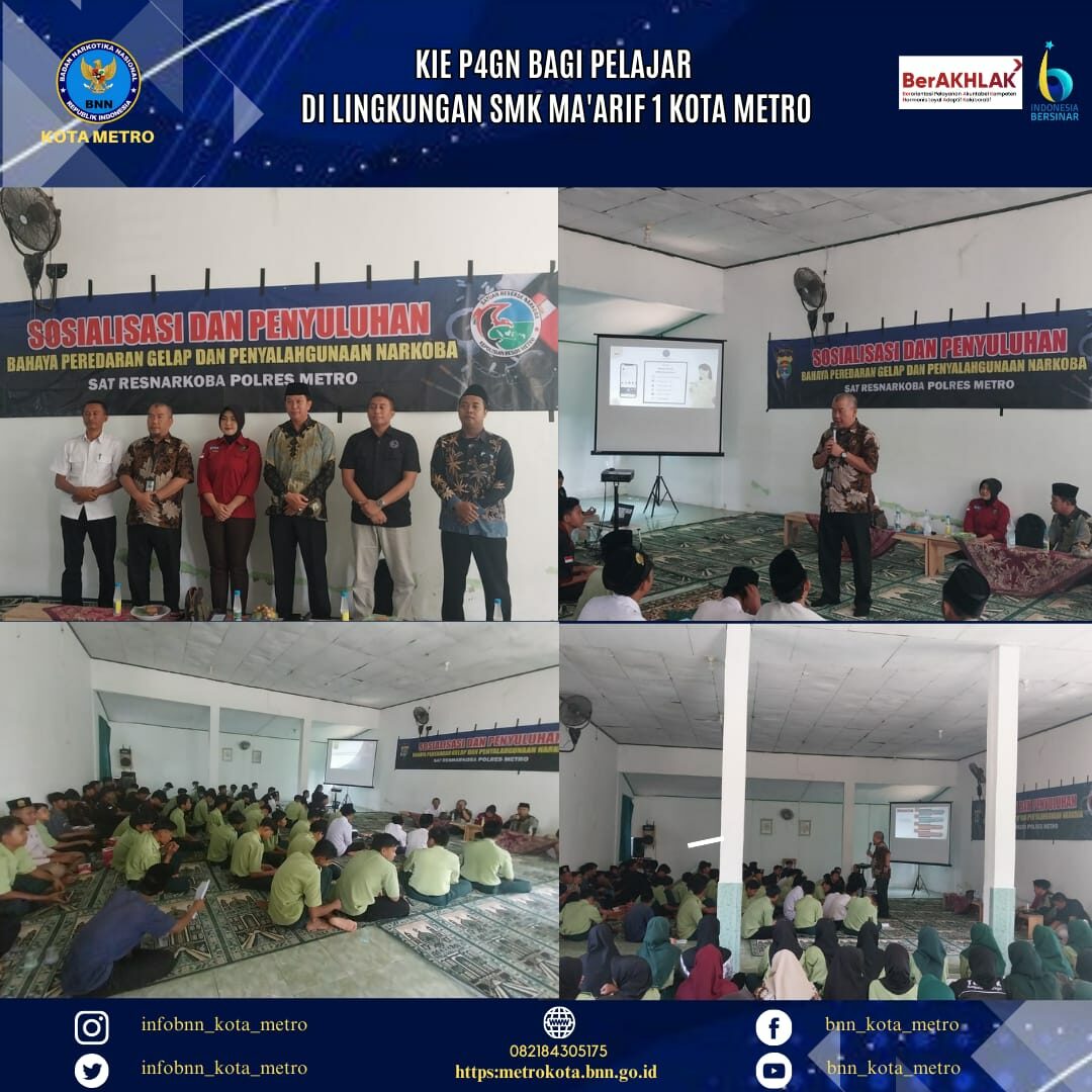 KIE P4GN BAGI PARA PELAJAR DI LINGKUNGAN SMK MA’ARIF 1 METRO Sesuai surat Kepala BNN Kota Metro Nomor B/359/IX/Ka/PC.00/2024/BNNK tanggal 2 September 2024 perihal Pembekalan bagi Guru Pendamping Remaja Teman Sebaya Anti Narkotika Tahun 2024, pada hari ini Jumat tanggal 6 September 2024 jam 09.00 wib s/d selesai, Kepala BNN Kota Metro, AKBP Gusti Iwan Wijaya, SH, M.Si didampingi Sub Koordinator P2M dan Tim melaksanakan kegiatan Pembekalan Bagi Guru Pendamping Remaja Teman Sebaya Anti Narkotika di Ruang Rapat BNN Kota Metro. Kegiatan ini diikuti oleh 10 (sepuluh) orang guru yang berasal dari 2 sekolah mitra yang menjadi binaan BNN Kota Metro melalui Program Remaja Teman Sebaya Anti Narkotika Tahun 2024 yaitu SMP Negeri 10 Metro dan SMP Kartikatama Metro di wilayah Kelurahan Bersinar Tahun 2024 yaitu Kel. Yosomulyo dan Kel. Margorejo (terdiri dari Waka Kesiswaan, Guru BK dan Guru Pembina Pramuka). Kegiatan Pembekalan Guru Pendamping ini merupakan tindak lanjut dari Kegiatan Dialog Interaktif Remaja dalam rangka Pembentukan Remaja Teman Sebaya yang telah dilaksanakan pada tanggal 28-30 Agustus 2024 lalu. Kegiatan dilanjutkan dengan pemberian materi dengan narasumber yang berasal dari internal BNN Kota Metro mengenai Program Remaja Teman Sebaya, Materi P4GN, Menciptakan Lingkungan Aman di Sekolah serta Penangangan Kasus Penyalahgunaan Narkoba pada Satuan Pendidikan yang kemudian dilanjutkan dengan diskusi dan tanya jawab terkait rencana kerja serta program-program yang akan dilaksanakan oleh Remaja Teman Sebaya binaannya melalui Forum Pramuka di sekolah. Pembekalan bagi para stakeholders dari sekolah mitra ini bertujuan untuk memberikan pemahaman kepada stakeholders sekolah tentang Program Remaja Teman Sebaya serta untuk membangun rasa kepemilikan bersama tentang pentingnya melindungi remaja dari penyalahgunaan narkoba.